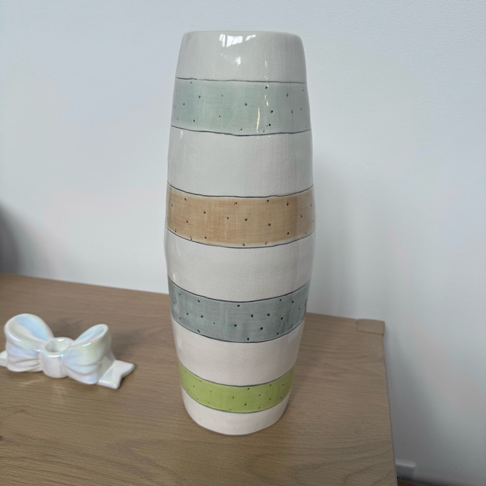RARE VINTAGE Ceramic Rae Dunn Saks Vase Stripes & Dots Blue Brown Green White